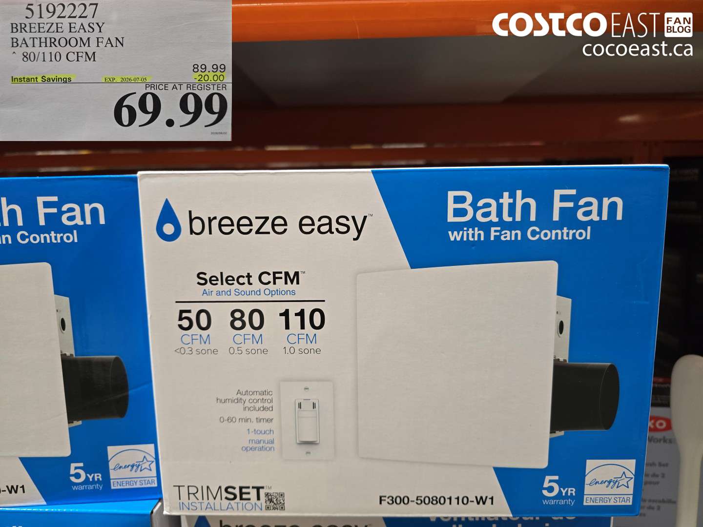 5192227 BREEZE EASY BATHROOM FAN 80/110 CFM ($20.00 INSTANT SAVINGS EXPIRES ON 2026-07-05) $69.99