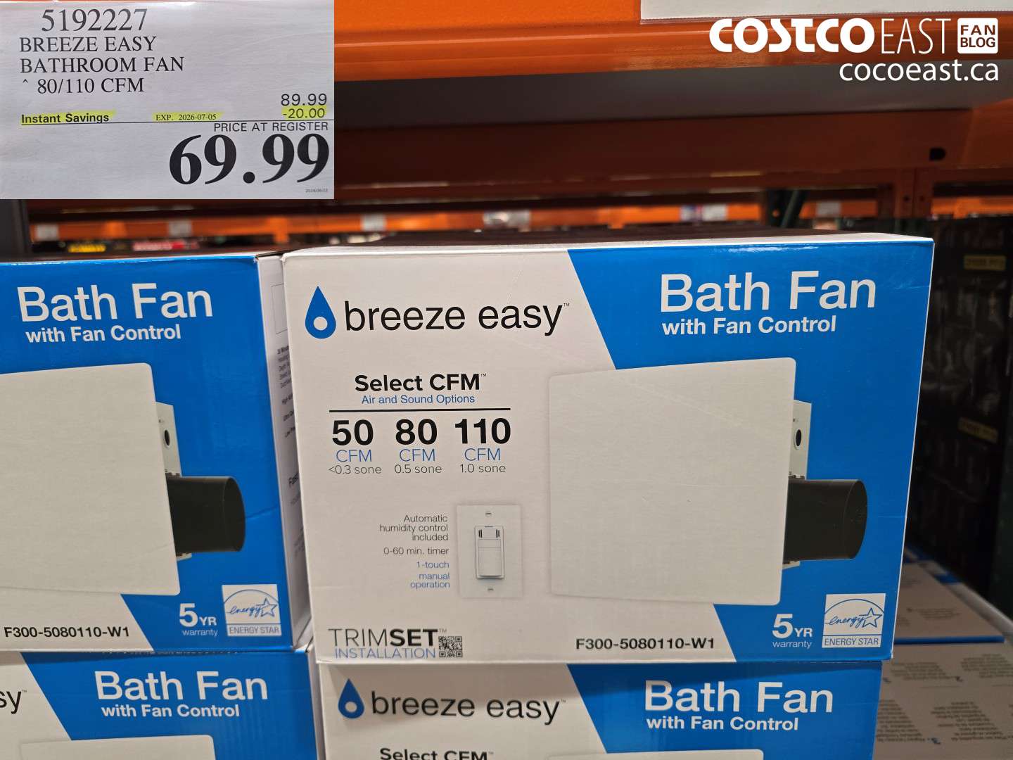 5192227 BREEZE EASY BATHROOM FAN 80/110 CFM ($20.00 INSTANT SAVINGS EXPIRES ON 2026-07-05) $69.99