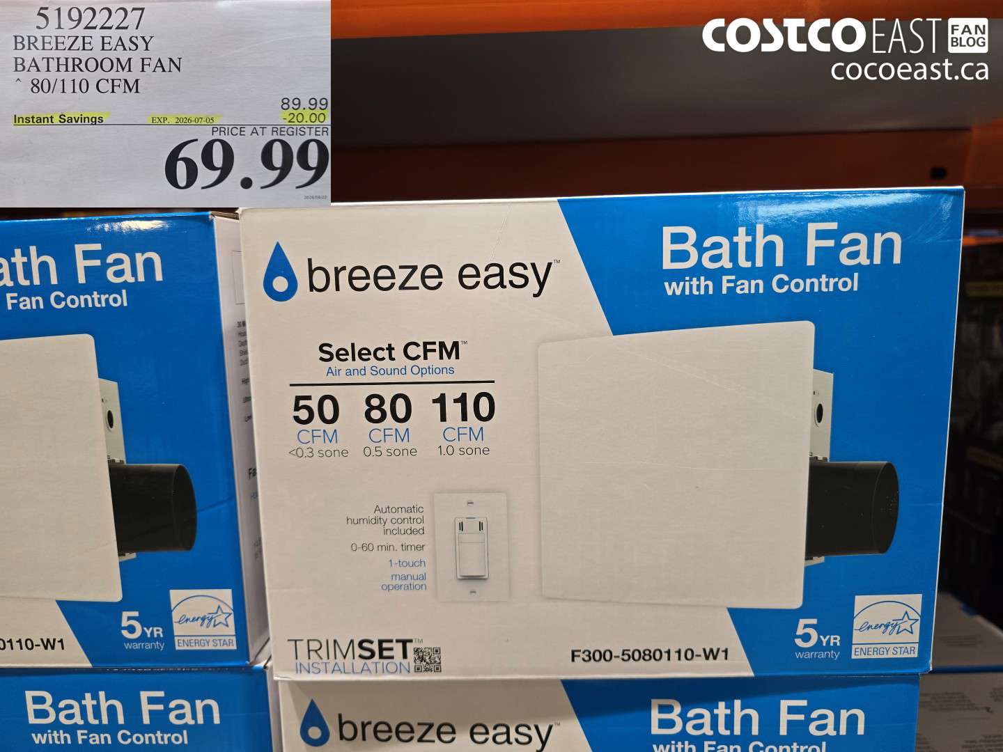 5192227 BREEZE EASY BATHROOM FAN 80/110 CFM ($20.00 INSTANT SAVINGS EXPIRES ON 2026-07-05) $69.99