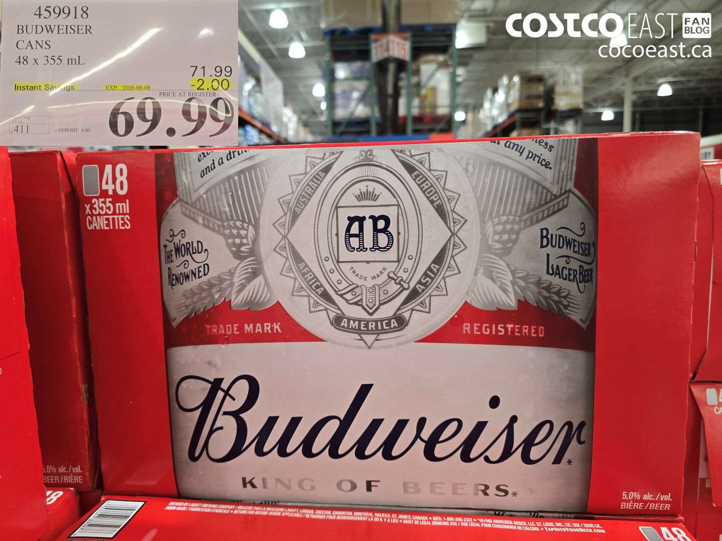 459918 BUDWEISER CANS 48 X 355 ML ($2.00 INSTANT SAVINGS EXPIRES ON 2026-06-08) $69.99