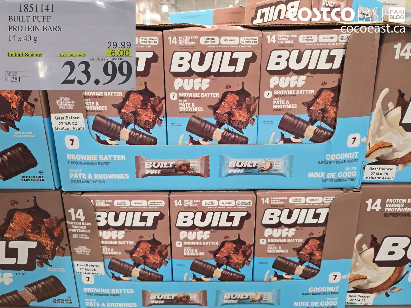 1851141 BUILT PUFF PROTEIN BARS 14 X 40 G ($6.00 INSTANT SAVINGS EXPIRES ON 2026-06-21) $23.99