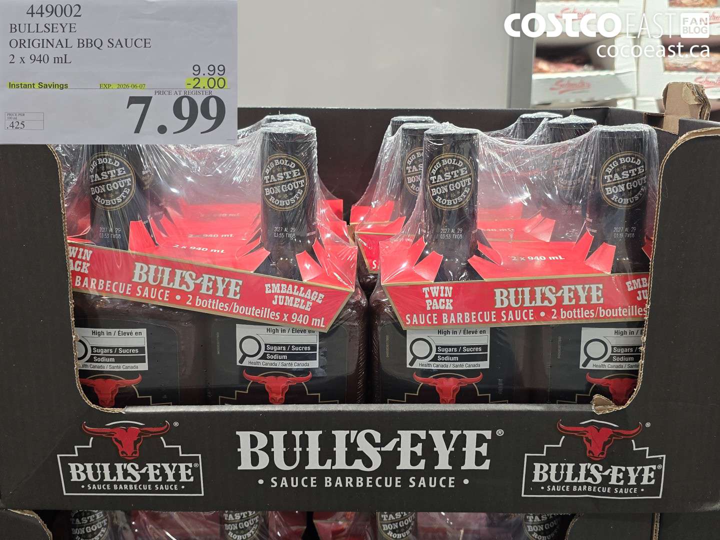 449002 BULLSEYE ORIGINAL BBQ SAUCE 2 X 940 ML ($2.00 INSTANT SAVINGS EXPIRES ON 2026-06-07) $7.99