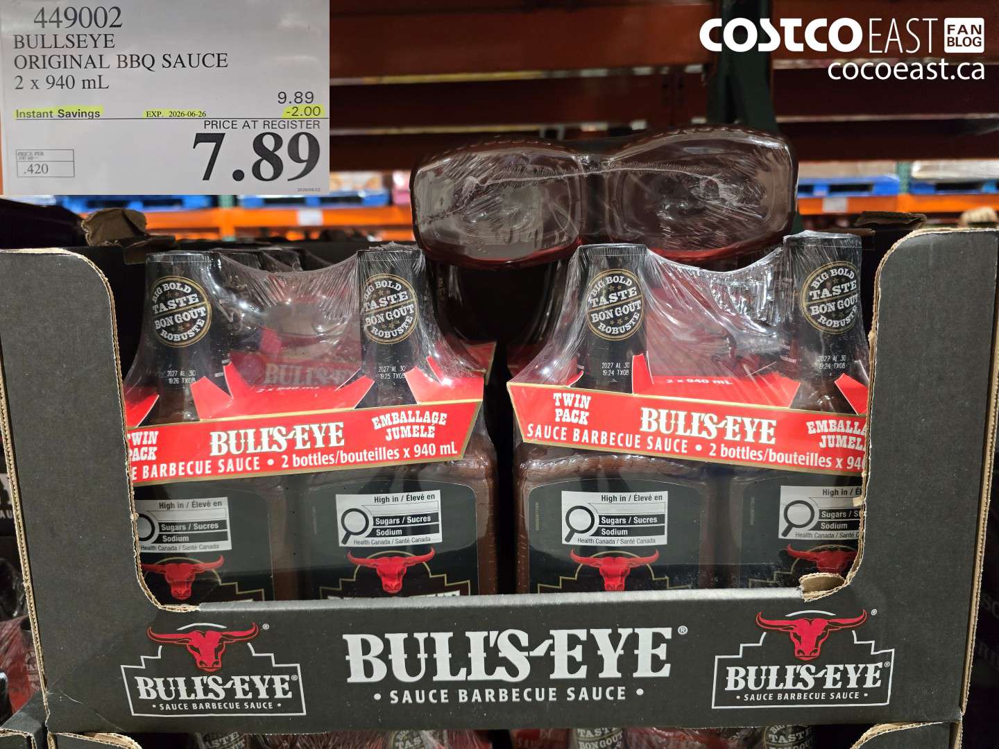 449002 BULLSEYE ORIGINAL BBQ SAUCE 2 X 940 ML ($2.00 INSTANT SAVINGS EXPIRES ON 2026-06-26) $7.89