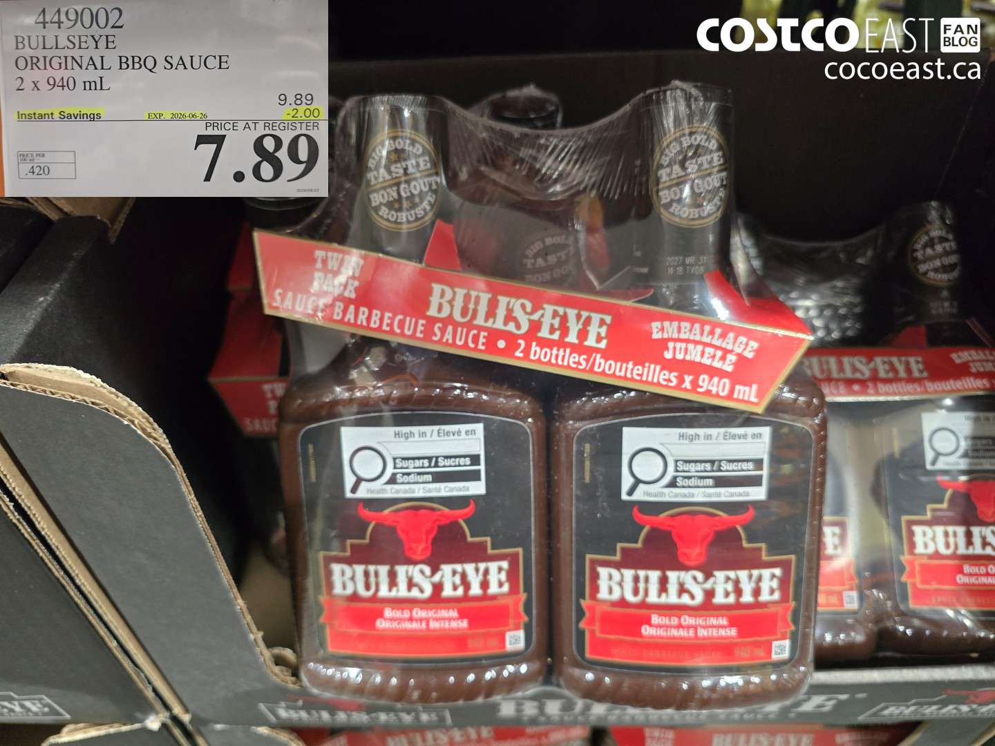 449002 BULLSEYE ORIGINAL BBQ SAUCE 2 X 940 ML ($2.00 INSTANT SAVINGS EXPIRES ON 2026-06-26) $7.89