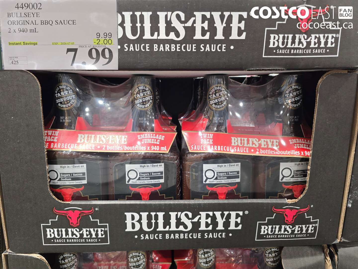 449002 BULLSEYE ORIGINAL BBQ SAUCE 2 X 940 ML ($2.00 INSTANT SAVINGS EXPIRES ON 2026-07-05) $7.99