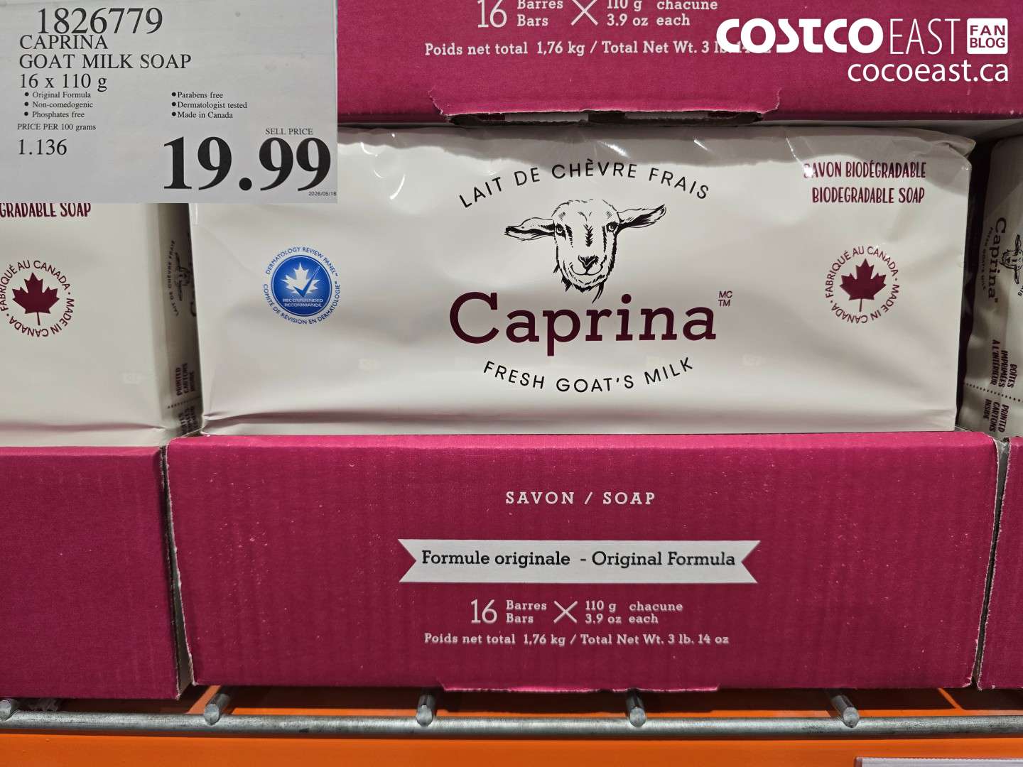 1826779 CAPRINA GOAT MILK SOAP 16 X 110 G $19.99