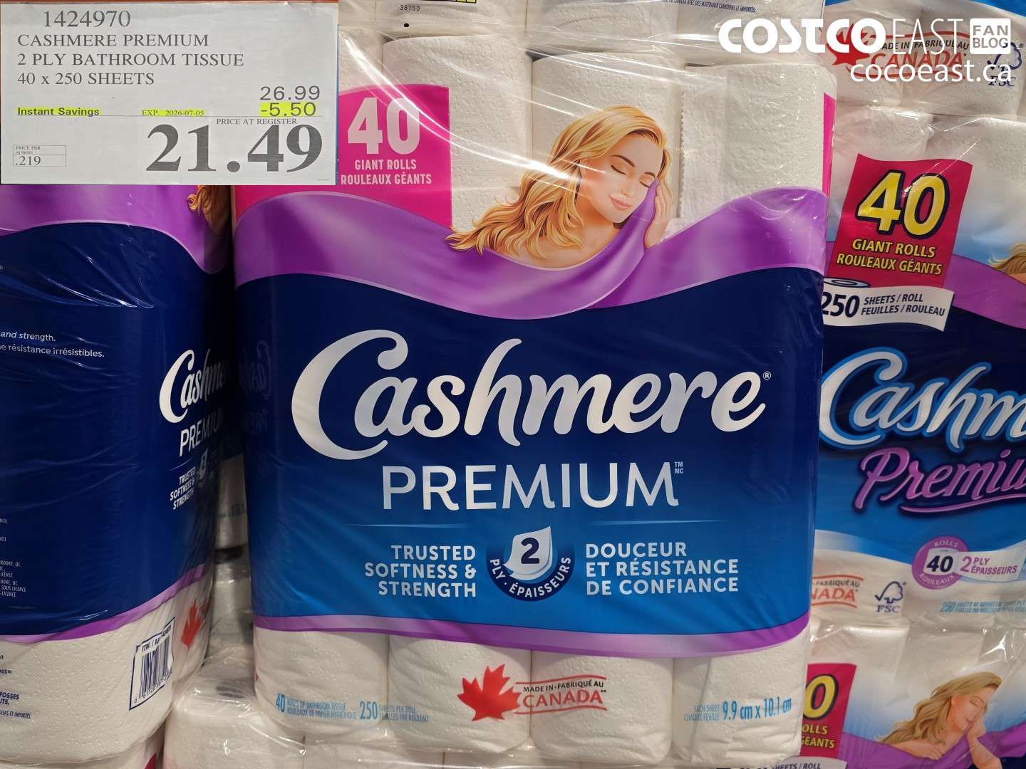 1424970 CASHMERE PREMIUM 2 PLY BATHROOM TISSUE 40 X 250 SHEETS ($5.50 INSTANT SAVINGS EXPIRES ON 2026-07-05) $21.49