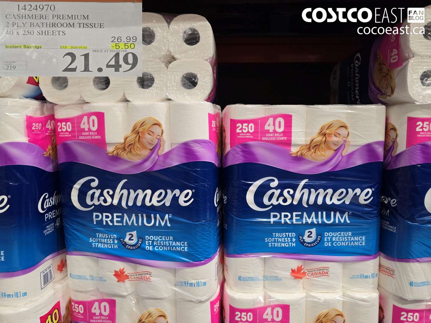 1424970 CASHMERE PREMIUM 2 PLY BATHROOM TISSUE 40 X 250 SHEETS ($5.50 INSTANT SAVINGS EXPIRES ON 2026-07-05) $21.49