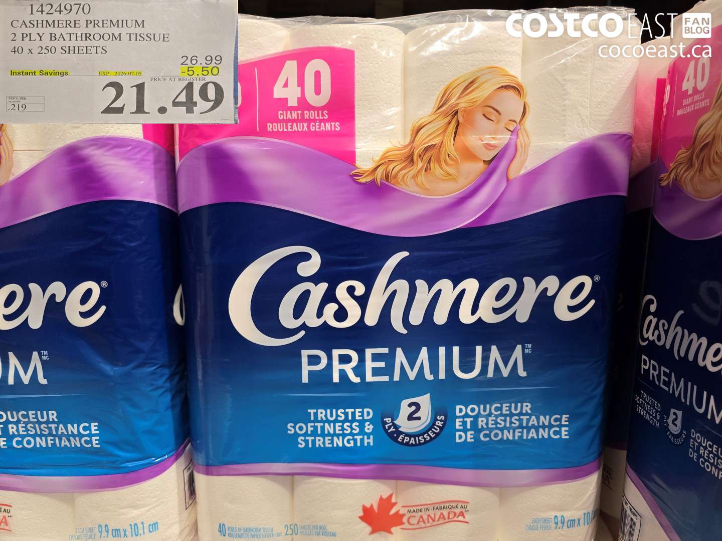 1424970 CASHMERE PREMIUM 2 PLY BATHROOM TISSUE 40 X 250 SHEETS ($5.50 INSTANT SAVINGS EXPIRES ON 2026-07-05) $21.49