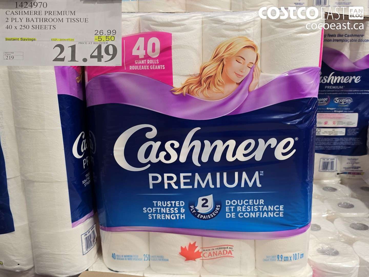 1424970 CASHMERE PREMIUM 2 PLY BATHROOM TISSUE 40 X 250 SHEETS ($5.50 INSTANT SAVINGS EXPIRES ON 2026-07-05) $21.49