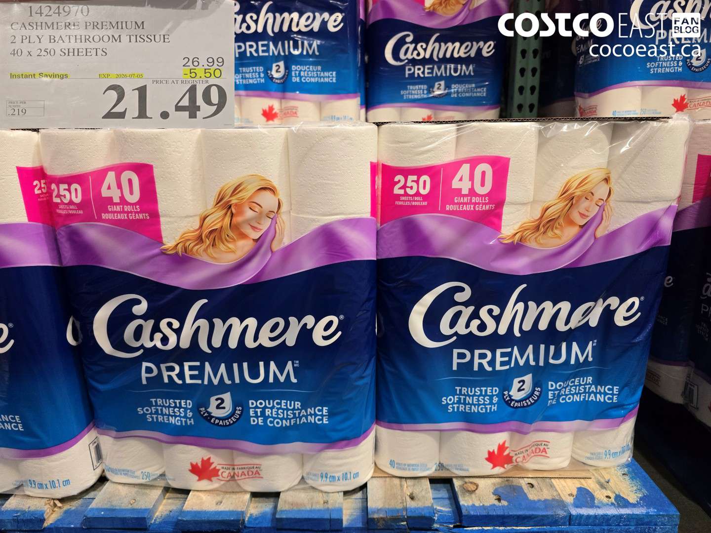 1424970 CASHMERE PREMIUM 2 PLY BATHROOM TISSUE 40 X 250 SHEETS ($5.50 INSTANT SAVINGS EXPIRES ON 2026-07-05) $21.49