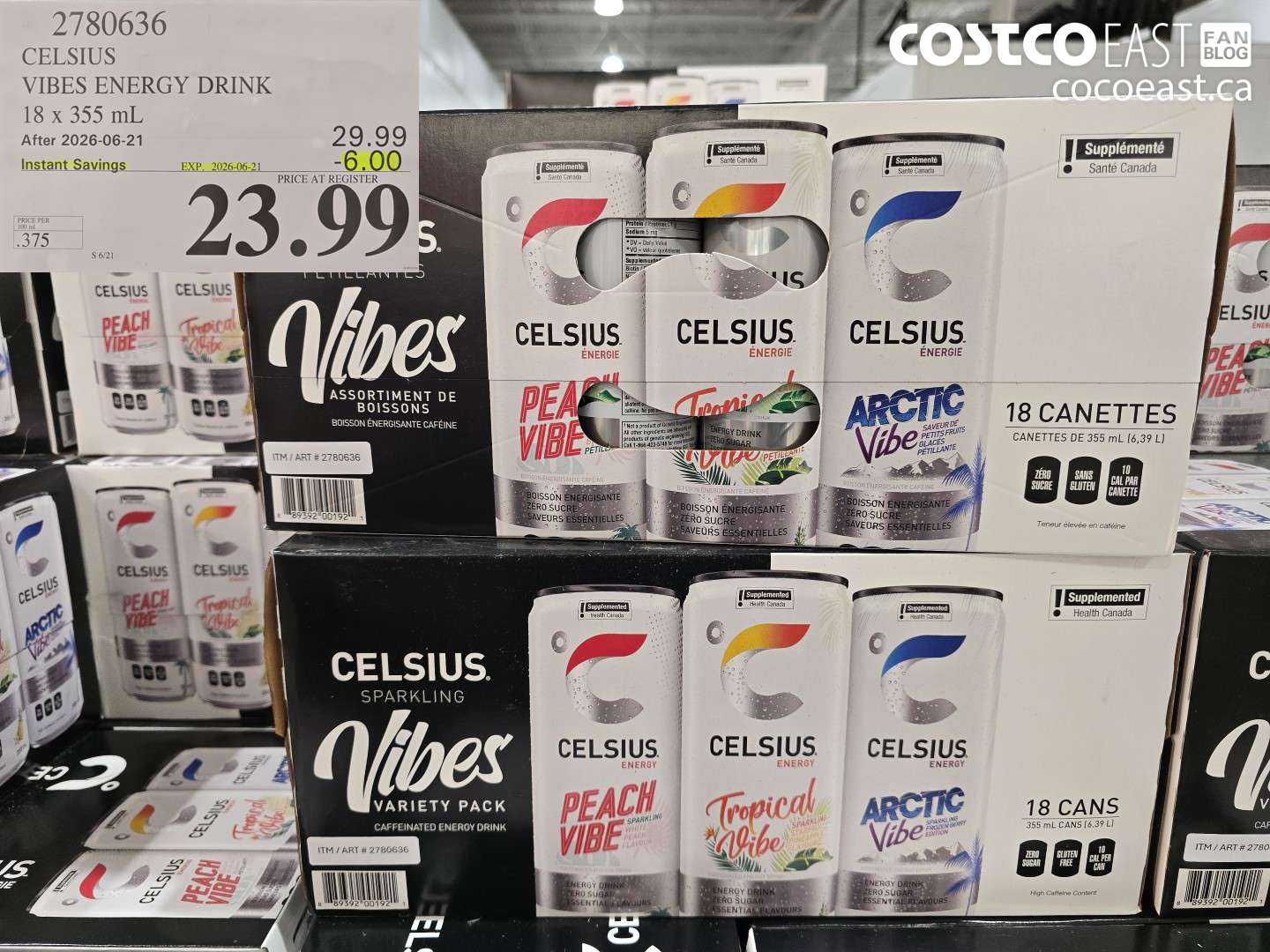 2780636 CELSIUS VIBES ENERGY DRINK 18 X 355 ML ($6.00 INSTANT SAVINGS EXPIRES ON 2026-06-21) $23.99