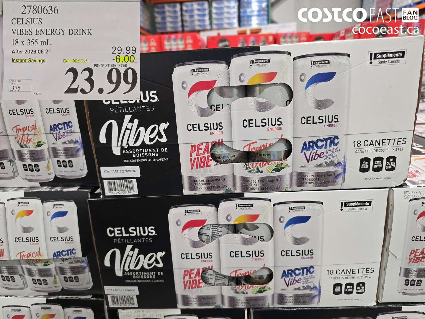 2780636 CELSIUS VIBES ENERGY DRINK 18 X 355 ML ($6.00 INSTANT SAVINGS EXPIRES ON 2026-06-21) $23.99