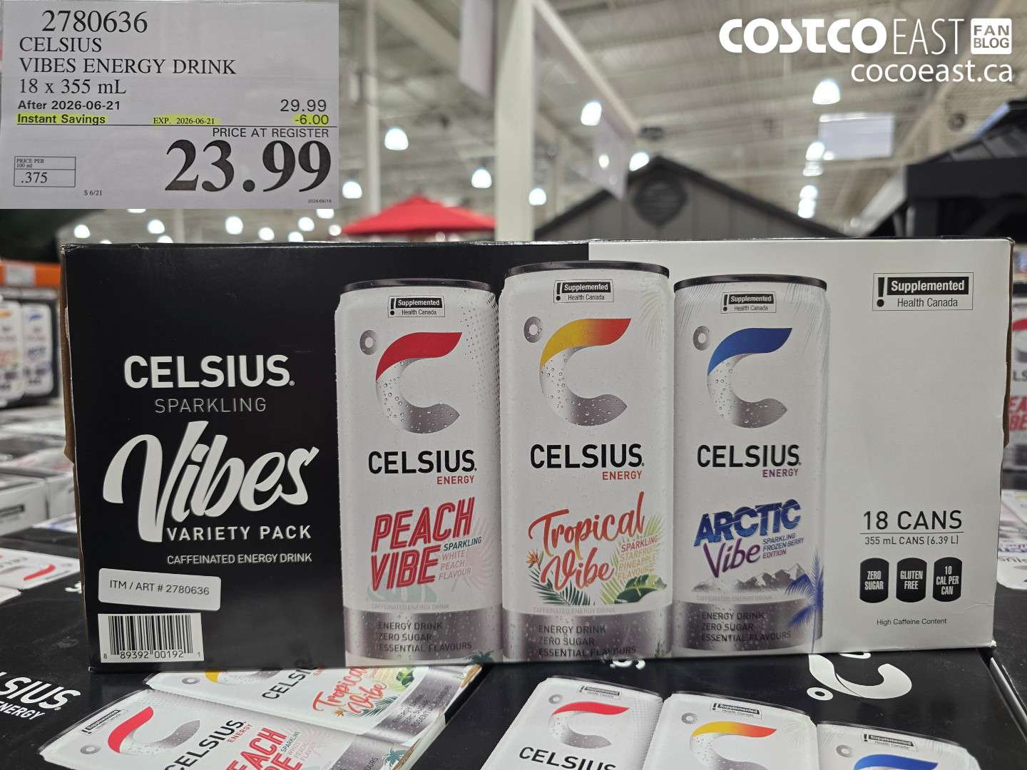 2780636 CELSIUS VIBES ENERGY DRINK 18 X 355 ML ($6.00 INSTANT SAVINGS EXPIRES ON 2026-06-21) $23.99