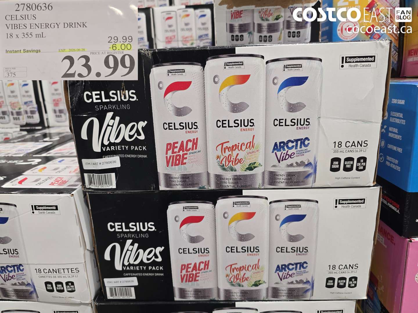 2780636 CELSIUS VIBES ENERGY DRINK 18 X 355 ML ($6.00 INSTANT SAVINGS EXPIRES ON 2026-06-28) $23.99