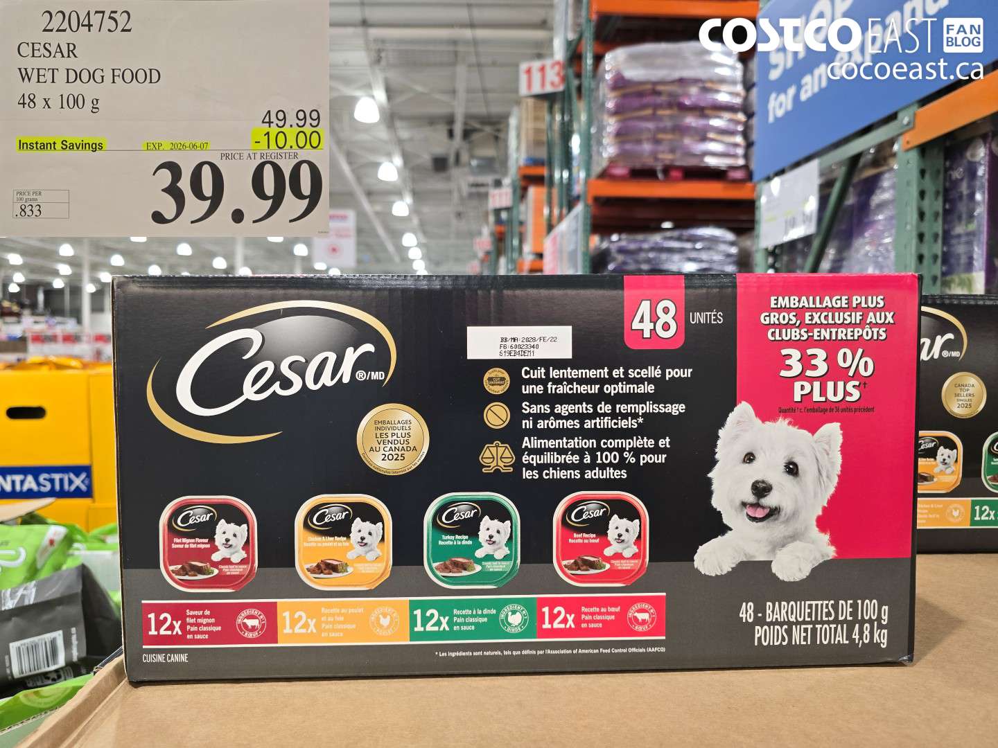 2204752 CESAR WET DOG FOOD 48 X 100 G ($10.00 INSTANT SAVINGS EXPIRES ON 2026-06-07) $39.99