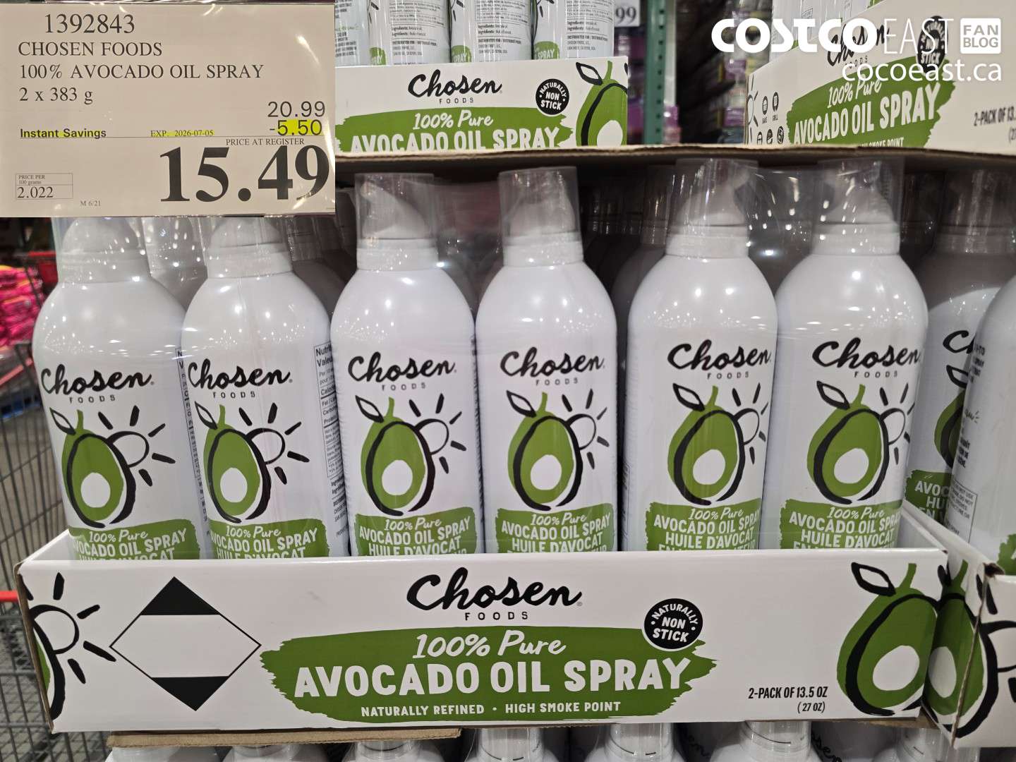 1392843 CHOSEN FOODS 100% AVOCADO OIL SPRAY 2 X 383 G ($5.50 INSTANT SAVINGS EXPIRES ON 2026-07-05) $15.49