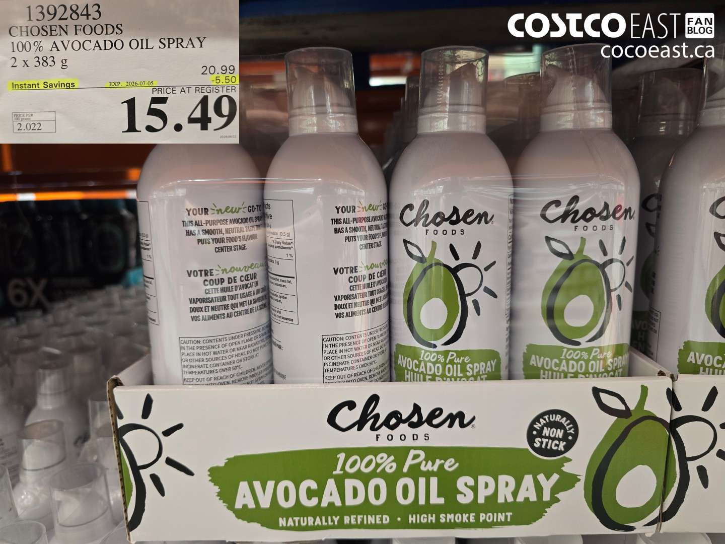 1392843 CHOSEN FOODS 100% AVOCADO OIL SPRAY 2 X 383 G ($5.50 INSTANT SAVINGS EXPIRES ON 2026-07-05) $15.49