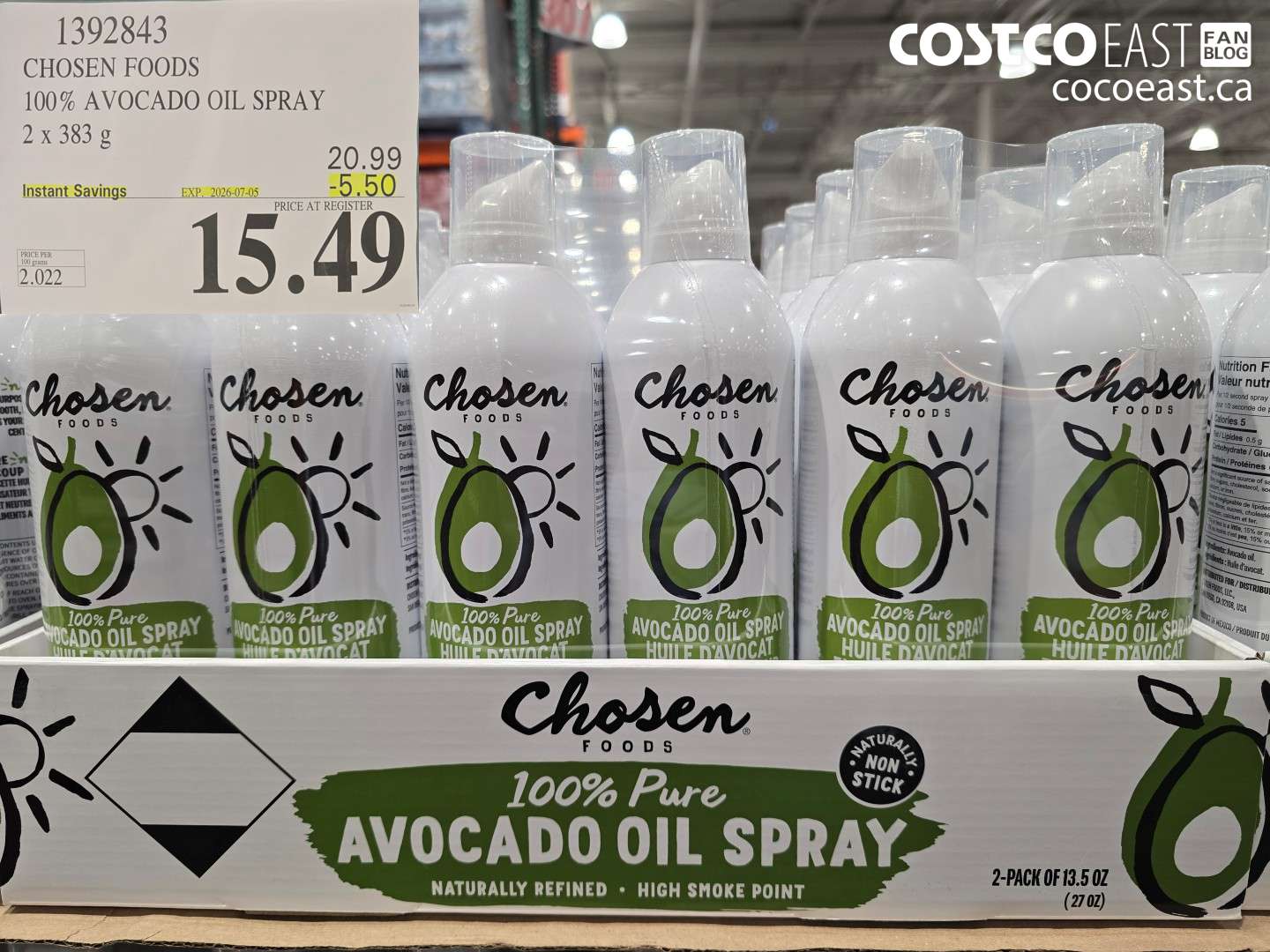 1392843 CHOSEN FOODS 100% AVOCADO OIL SPRAY 2 X 383 G ($5.50 INSTANT SAVINGS EXPIRES ON 2026-07-05) $15.49