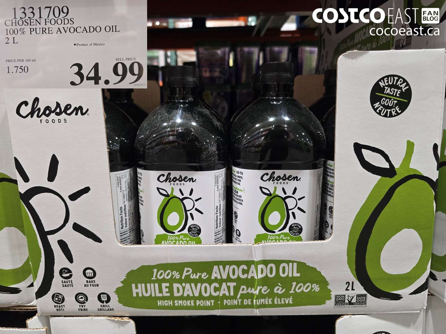 1331709 CHOSEN FOODS 100% PURE AVOCADO OIL 2 L $34.99