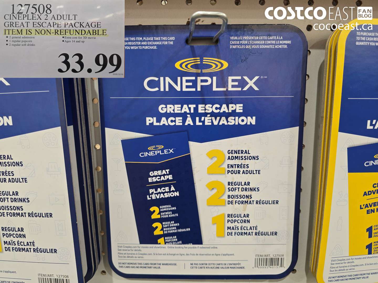 127508 CINEPLEX 2 ADULT GREAT ESCAPE PACKAGE $33.99