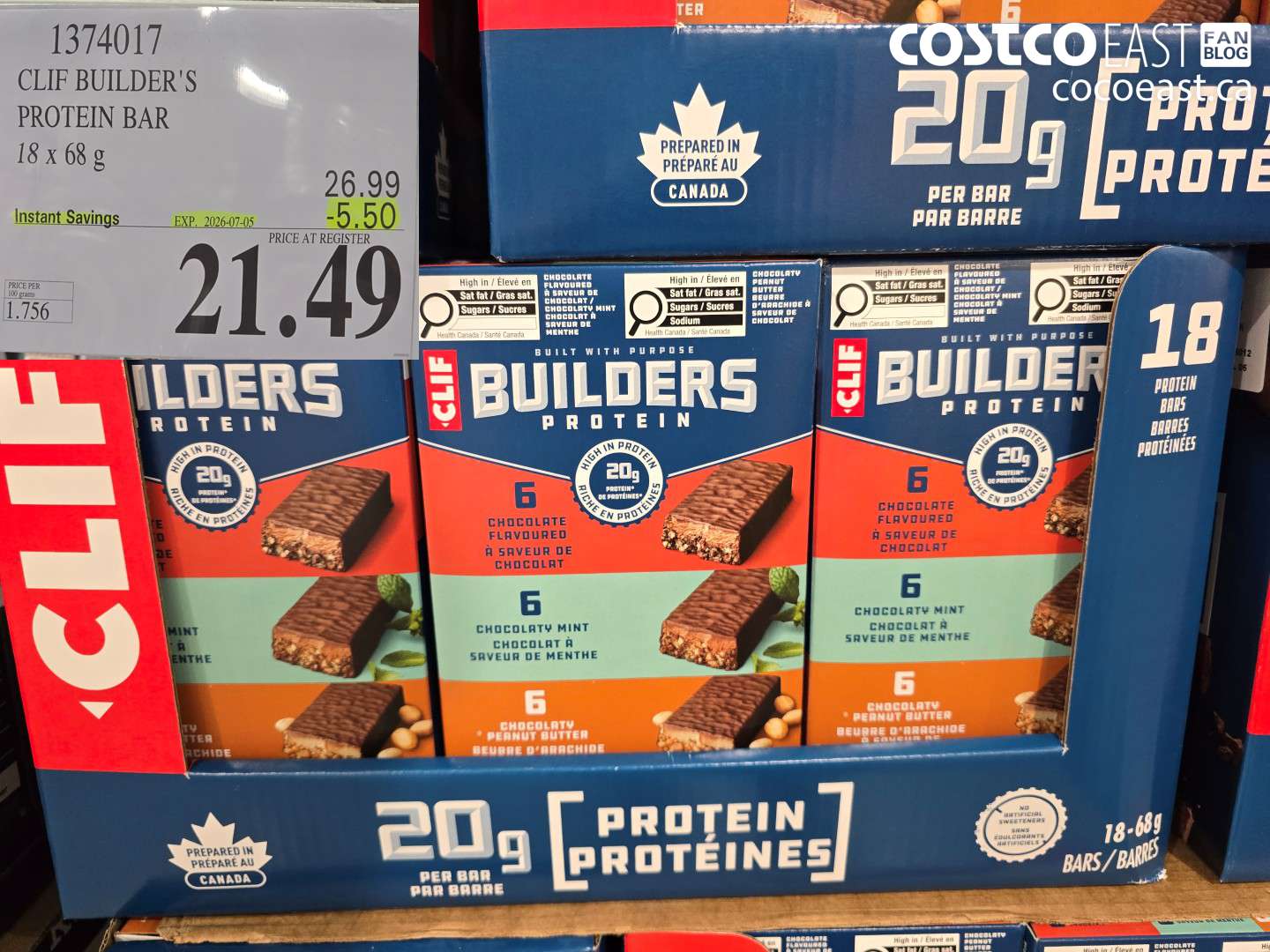 1374017 CLIF BUILDER'S PROTEIN BAR 18 X 68 G ($5.50 INSTANT SAVINGS EXPIRES ON 2026-07-05) $21.49