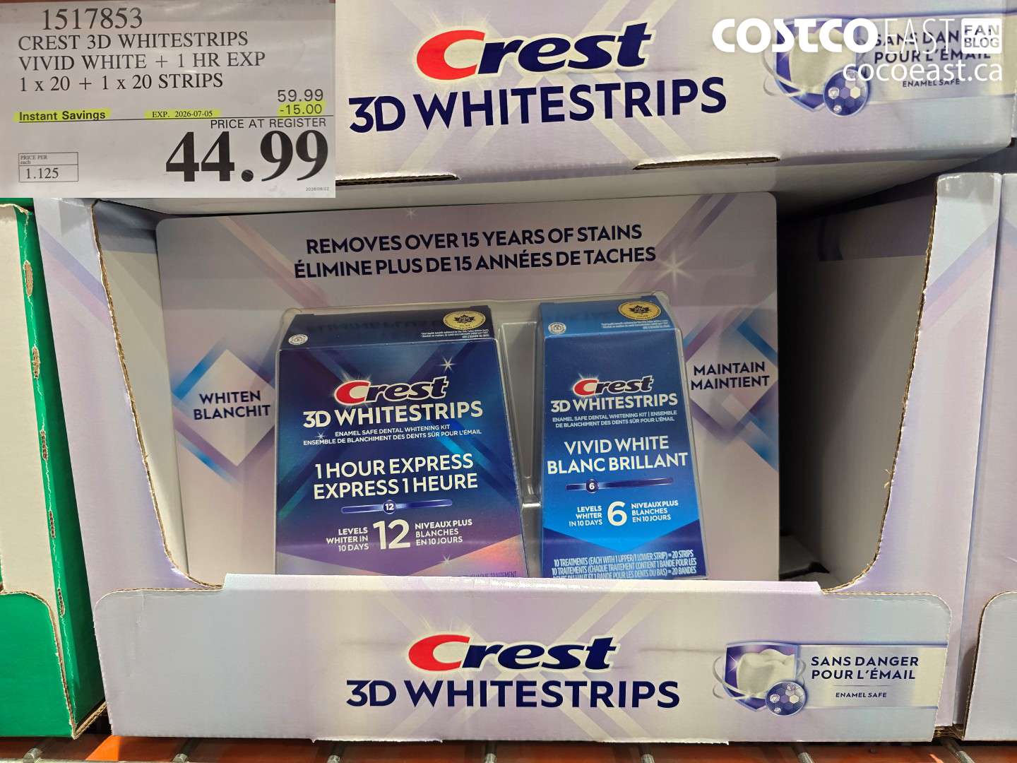 1517853 CREST 3D WHITESTRIPS VIVID WHITE + 1 HR EXP 1 X 20 + 1 X 20 STRIPS ($15.00 INSTANT SAVINGS EXPIRES ON 2026-07-05) $44.99