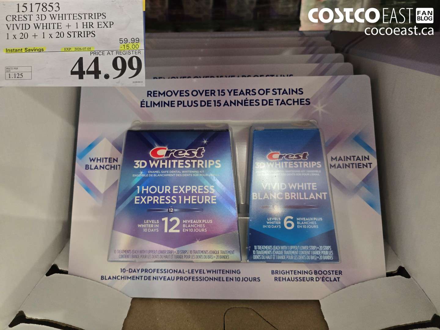 1517853 CREST 3D WHITESTRIPS VIVID WHITE + 1 HR EXP 1 X 20 + 1 X 20 STRIPS ($15.00 INSTANT SAVINGS EXPIRES ON 2026-07-05) $44.99