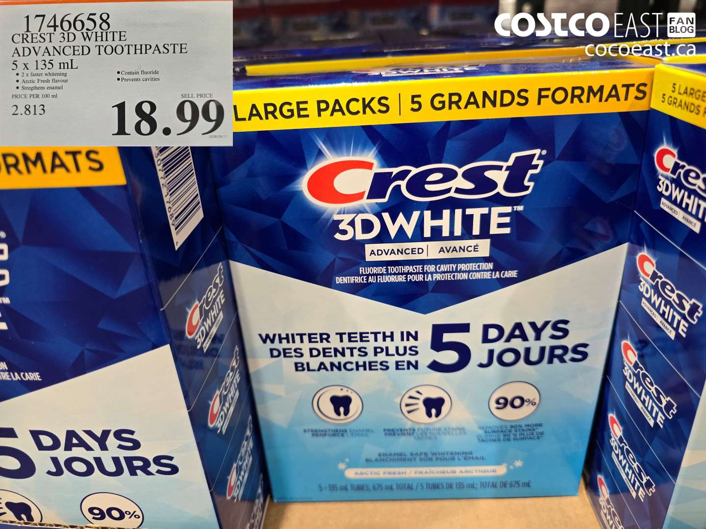 1746658 CREST 3D WHITE ADVANCED TOOTHPASTE 5 X 135 ML $18.99