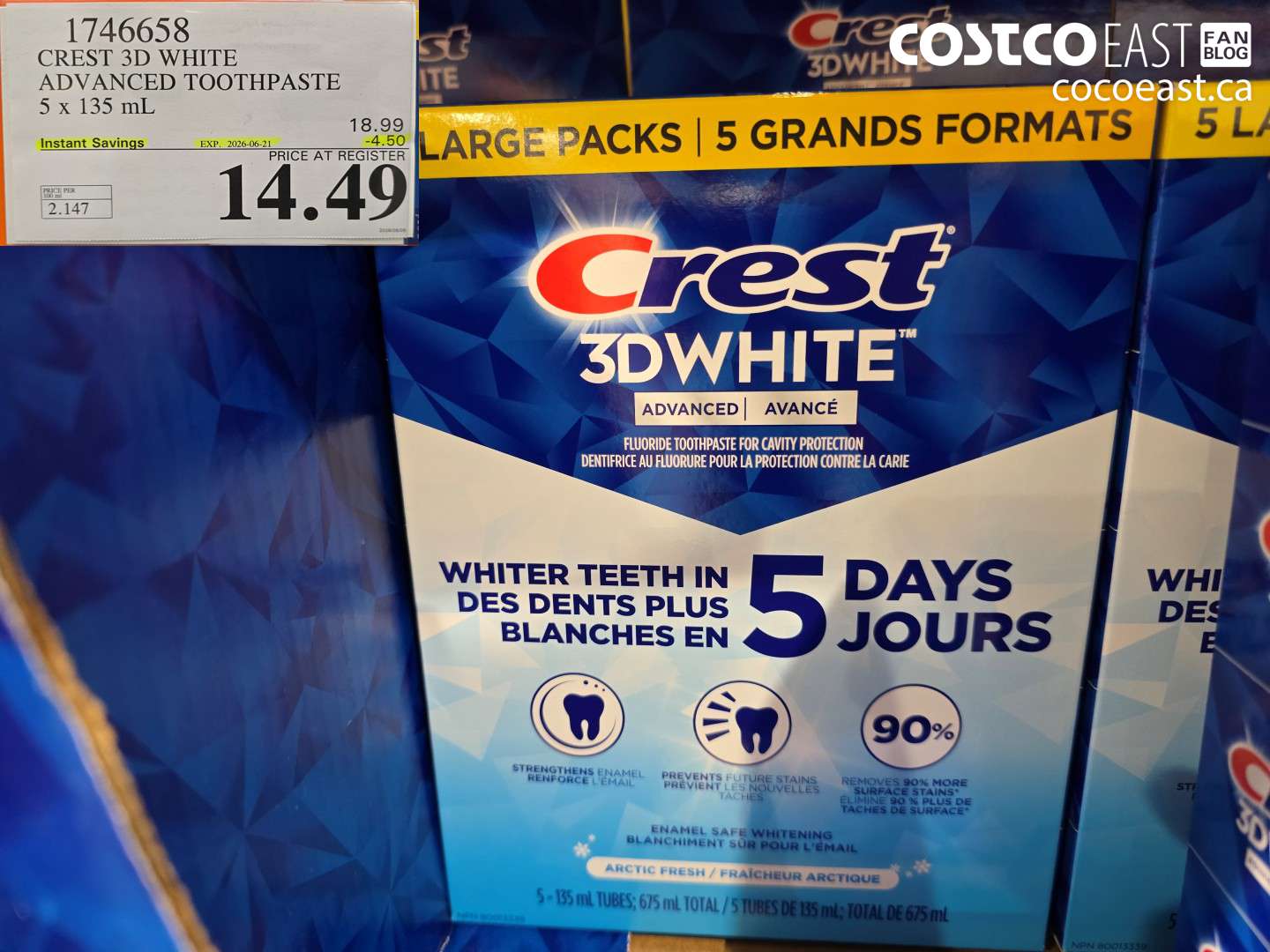 1746658 CREST 3D WHITE ADVANCED TOOTHPASTE 5 X 135 ML ($4.50 INSTANT SAVINGS EXPIRES ON 2026-06-21) $14.49