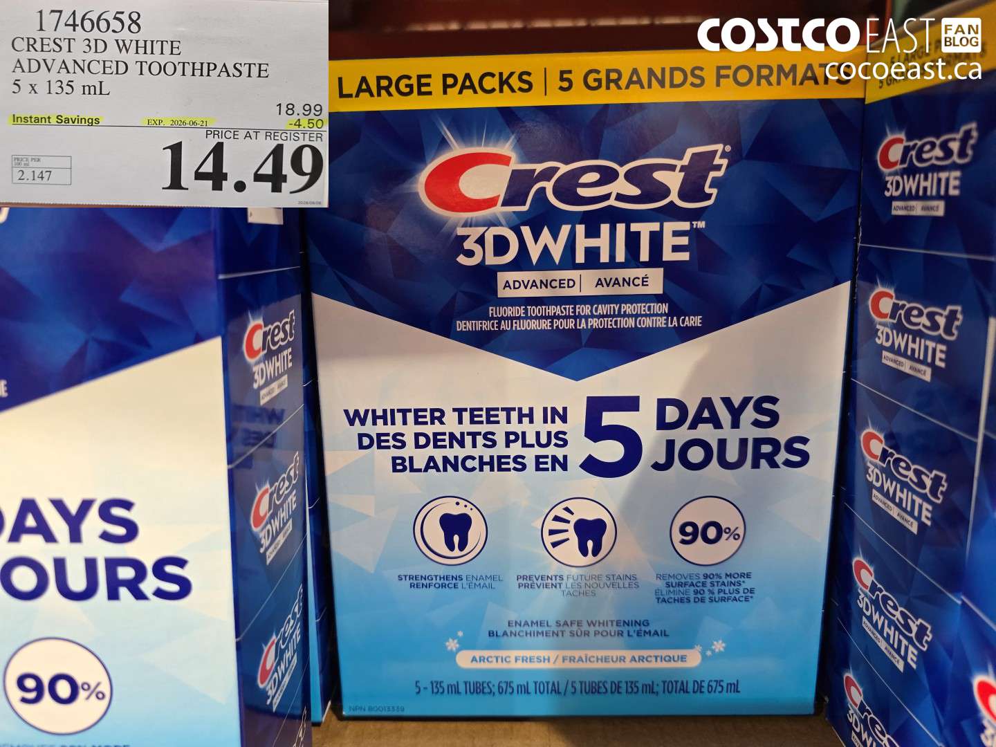 1746658 CREST 3D WHITE ADVANCED TOOTHPASTE 5 X 135 ML ($4.50 INSTANT SAVINGS EXPIRES ON 2026-06-21) $14.49