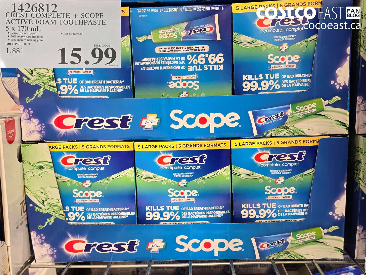 1426812 CREST COMPLETE + SCOPE ACTIVE FOAM TOOTHPASTE 5 X 170 ML $15.99