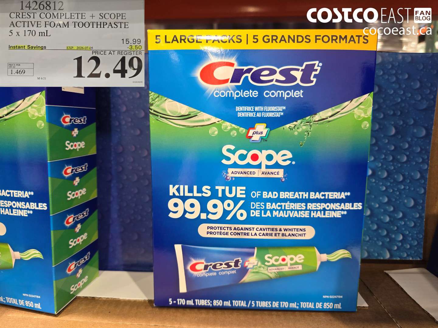 1426812 CREST COMPLETE + SCOPE ACTIVE FOAM TOOTHPASTE 5 X 170 ML ($3.50 INSTANT SAVINGS EXPIRES ON 2026-07-05) $12.49