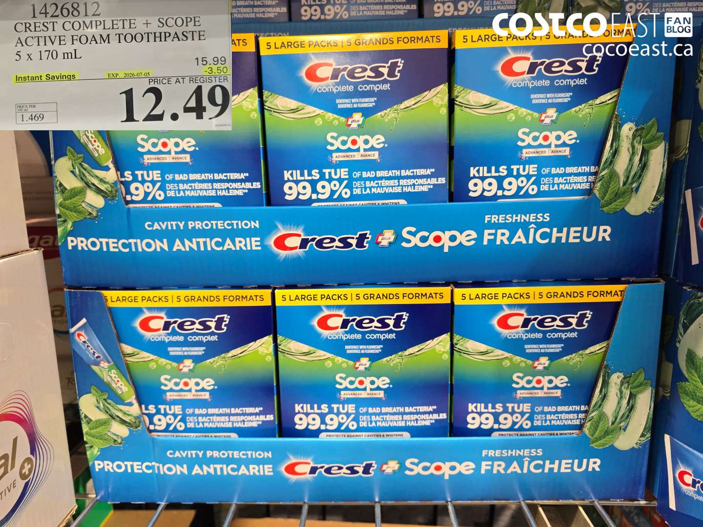 1426812 CREST COMPLETE + SCOPE ACTIVE FOAM TOOTHPASTE 5 X 170 ML ($3.50 INSTANT SAVINGS EXPIRES ON 2026-07-05) $12.49