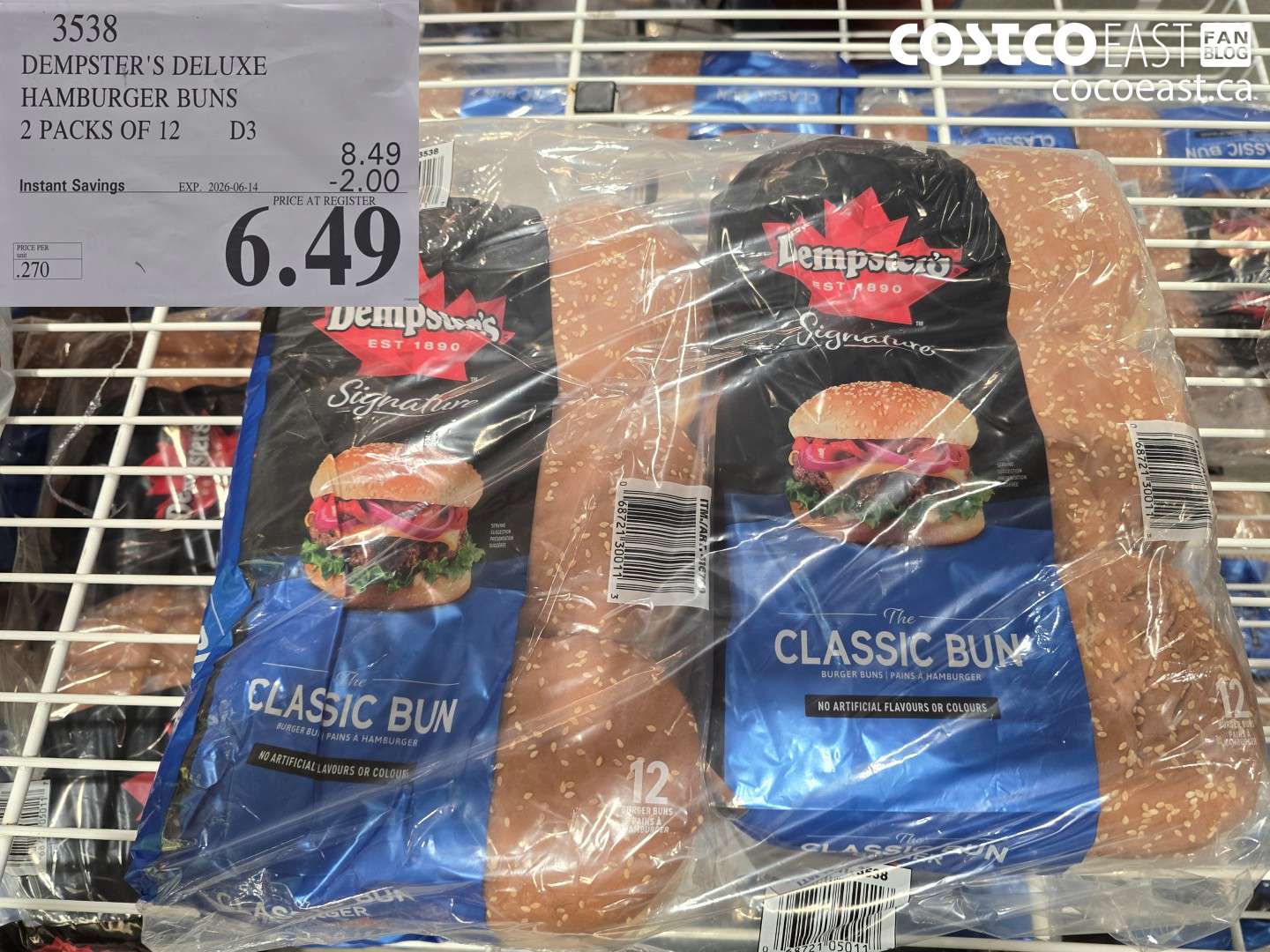 3538 DEMPSTER'S DELUXE HAMBURGER BUNS 2 PACKS OF 12 ($2.00 INSTANT SAVINGS EXPIRES ON 2026-06-14) $6.49