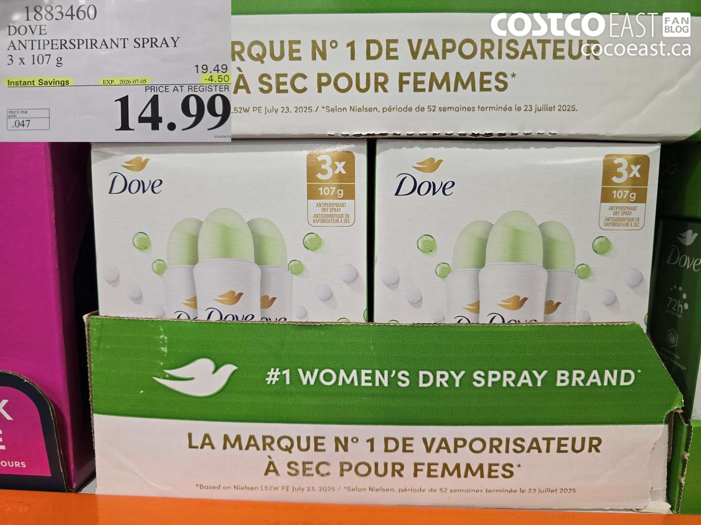 1883460 DOVE ANTIPERSPIRANT SPRAY 3 X 107 G ($4.50 INSTANT SAVINGS EXPIRES ON 2026-07-05) $14.99