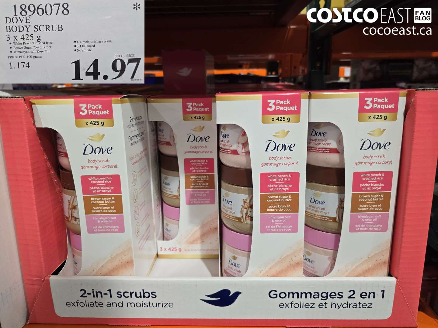 1896078 DOVE BODY SCRUB 3 X 425 G $14.97