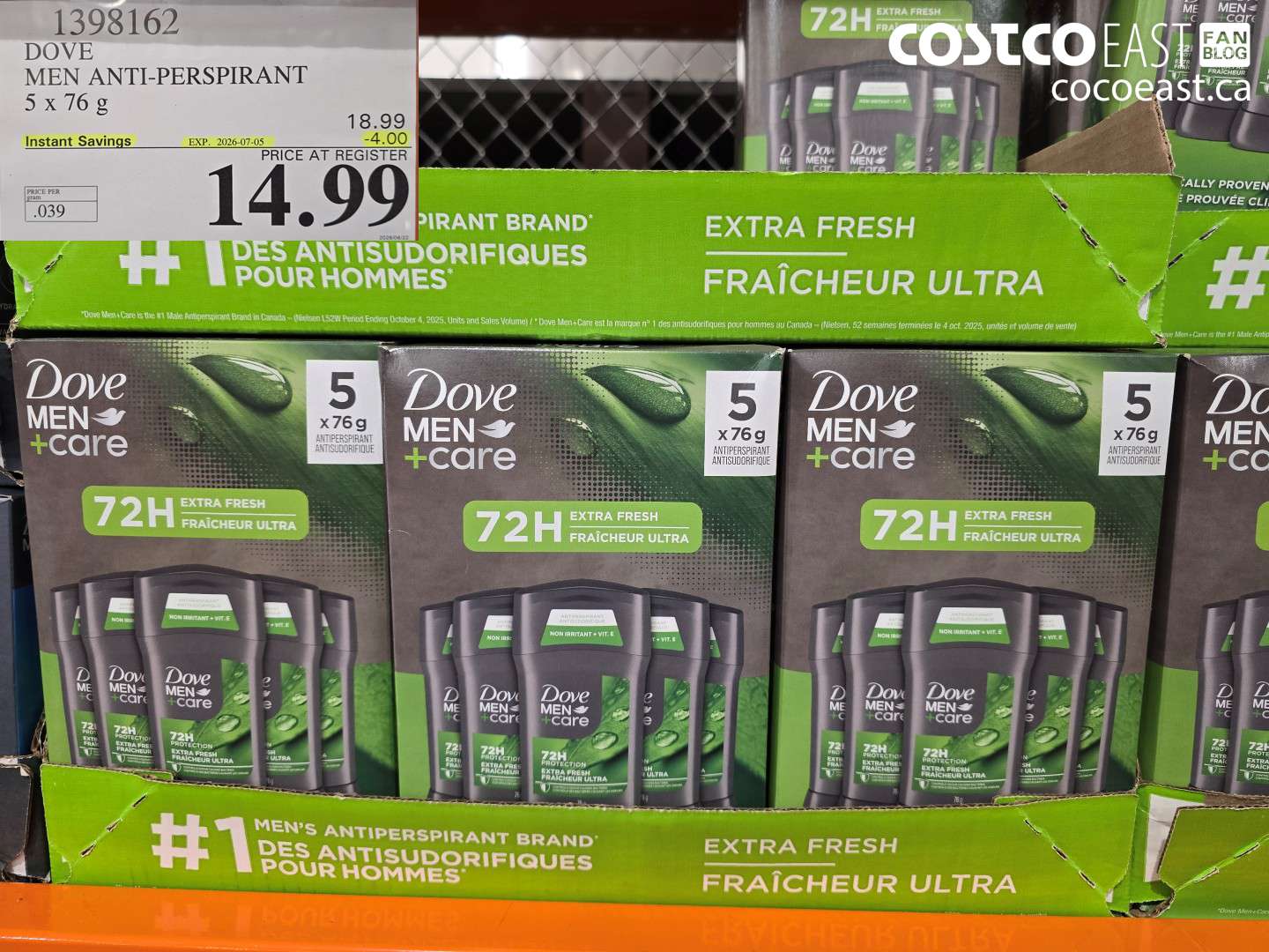 1398162 DOVE MEN ANTI-PERSPIRANT 5 X 76 G ($4.00 INSTANT SAVINGS EXPIRES ON 2026-07-05) $14.99
