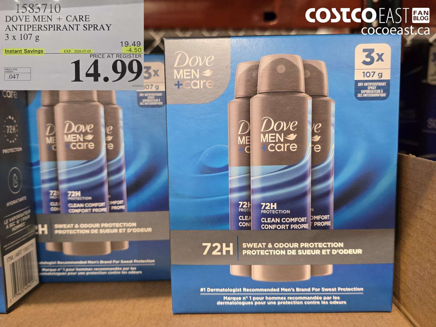 1583710 DOVE MEN + CARE ANTIPERSPIRANT SPRAY 3 X 107 G ($4.50 INSTANT SAVINGS EXPIRES ON 2026-07-05) $14.99