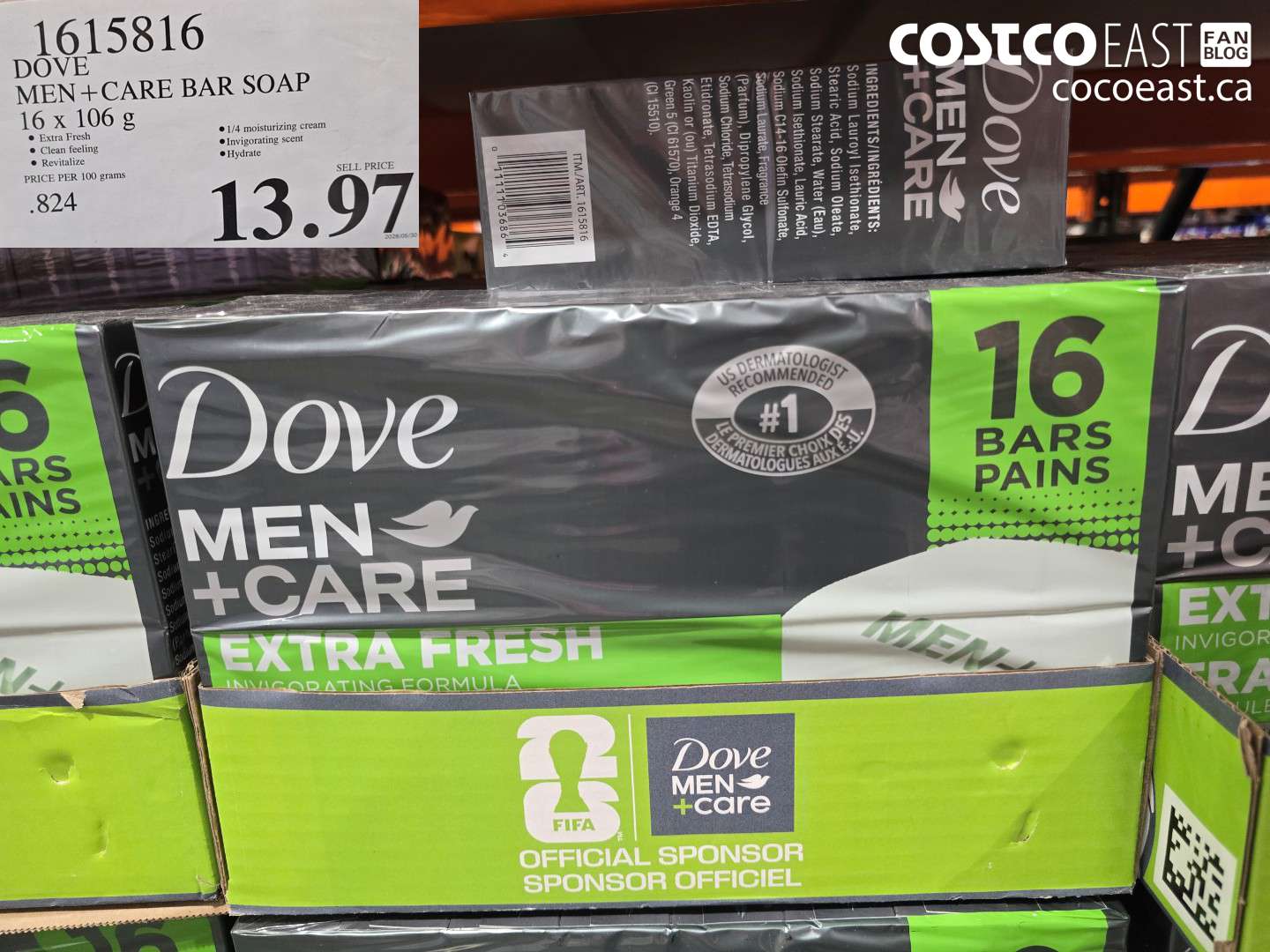 1615816 DOVE MEN + CARE BAR SOAP 16 X 106 G $13.97