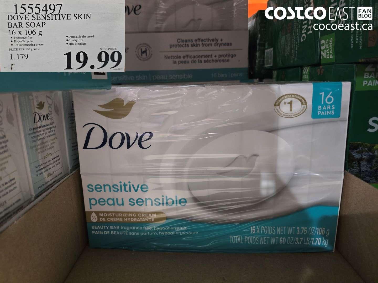 1555497 DOVE SENSITIVE SKIN BAR SOAP 16 X 106 G $19.99