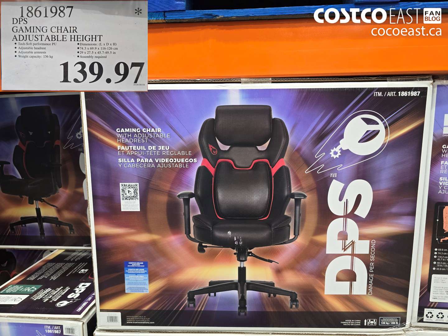 1861987 DPS GAMING CHAIR ADJUSTABLE HEIGHT $139.97