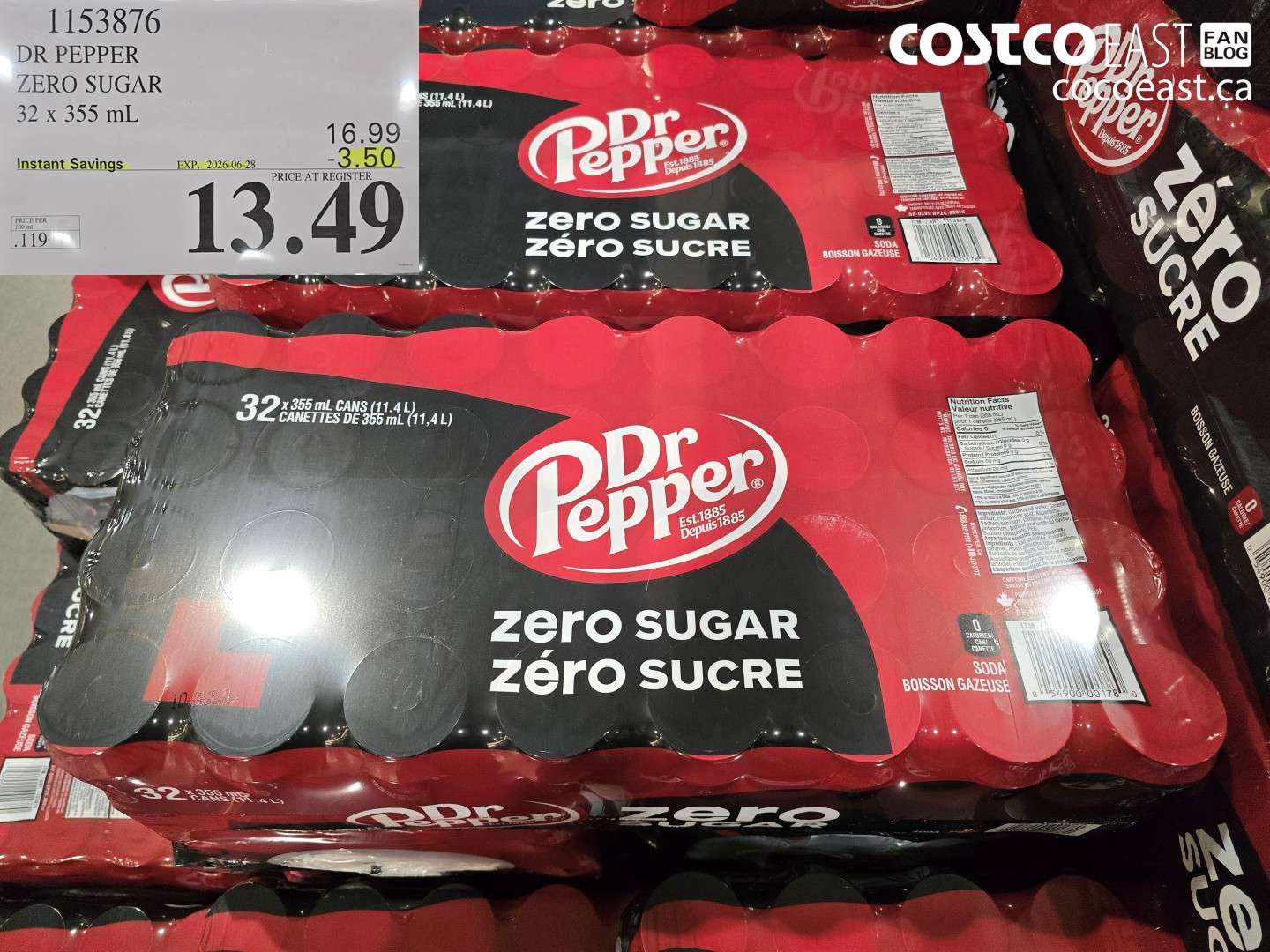 1153876 DR PEPPER ZERO SUGAR 32 X 355 ML ($3.50 INSTANT SAVINGS EXPIRES ON 2026-06-28) $13.49