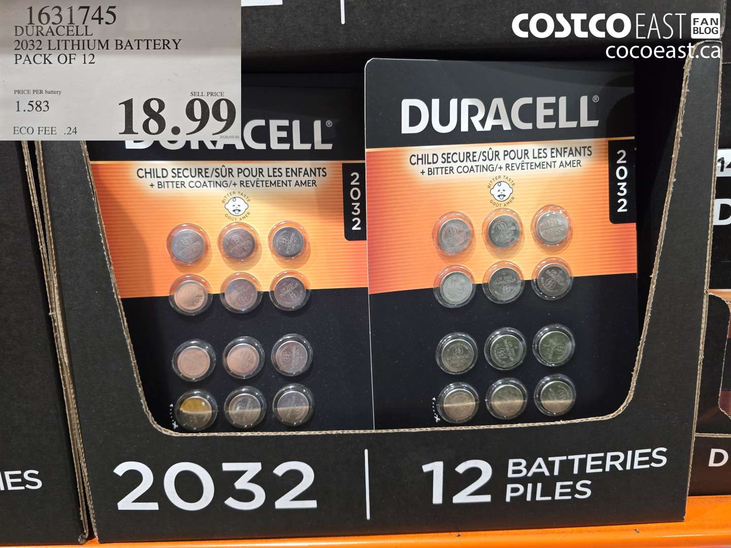 1631745 DURACELL 2032 LITHIUM BATTERY PACK OF 12 $18.99