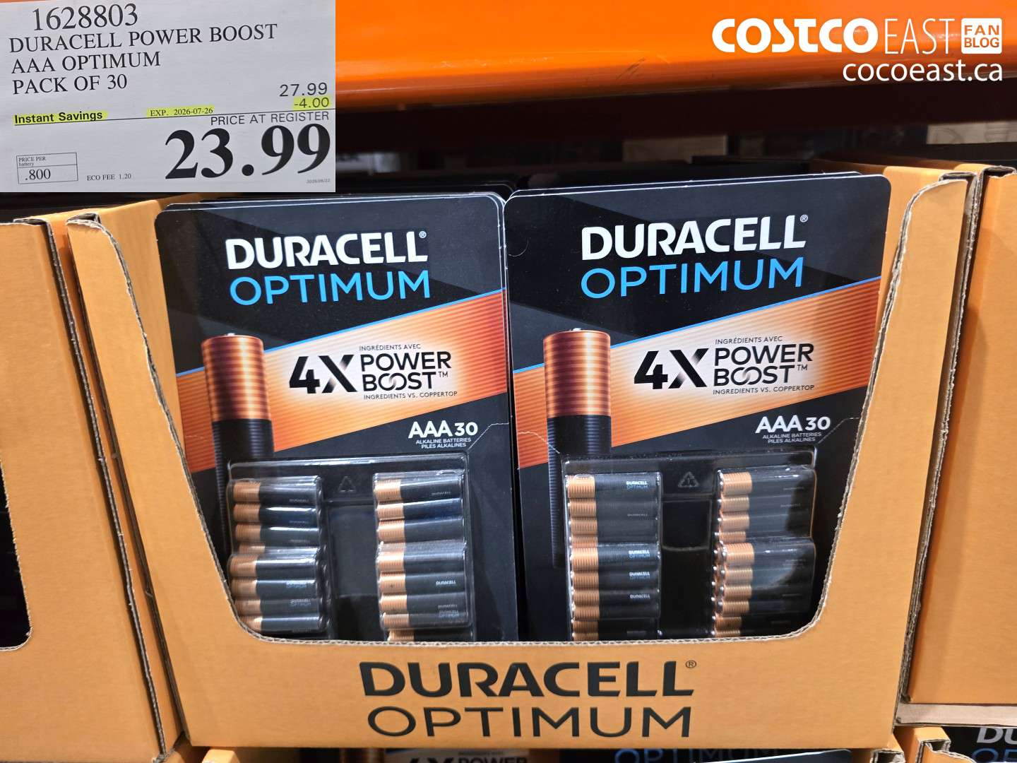 1628803 DURACELL POWER BOOST AAA OPTIMUM PACK OF 30 ($4.00 INSTANT SAVINGS EXPIRES ON 2026-07-26) $23.99
