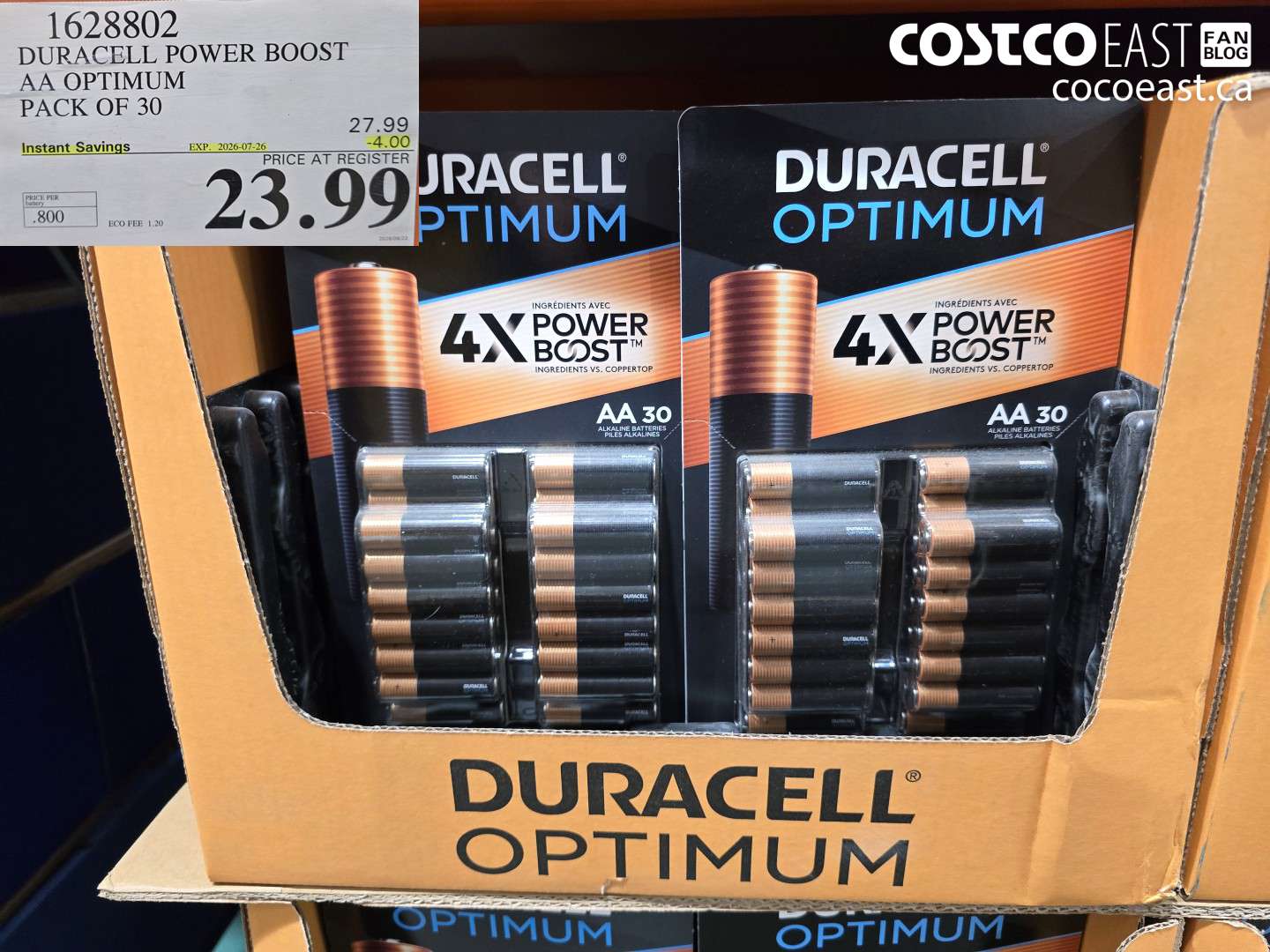 1628802 DURACELL POWER BOOST AA OPTIMUM PACK OF 30 ($4.00 INSTANT SAVINGS EXPIRES ON 2026-07-26) $23.99