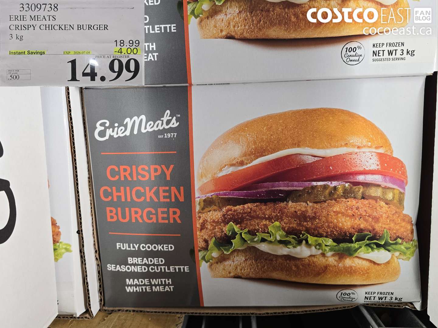 3309738 ERIE MEATS CRISPY CHICKEN BURGER 3 KG ($4.00 INSTANT SAVINGS EXPIRES ON 2026-07-05) $14.99