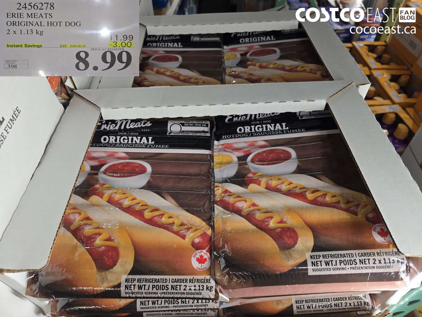 2456278 ERIE MEATS ORIGINAL HOT DOG 2 X 1.13 KG ($3.00 INSTANT SAVINGS EXPIRES ON 2026-06-28) $8.99
