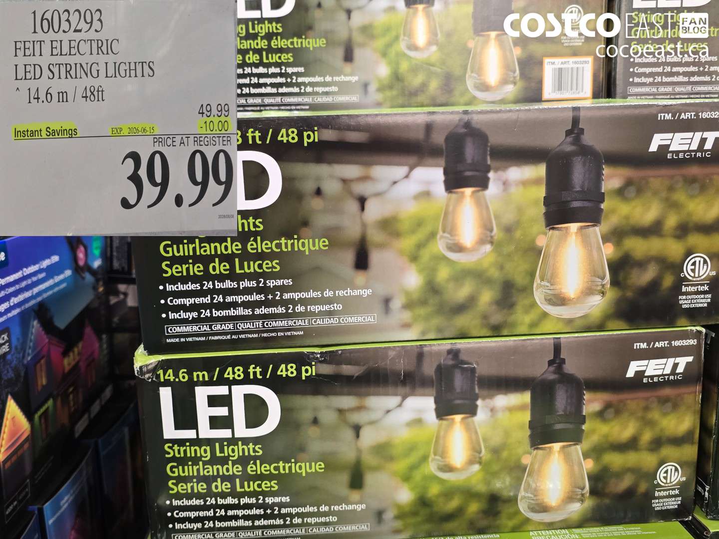 1603293 FEIT ELECTRIC LED STRING LIGHTS 14.6 M / 48FT ($10.00 INSTANT SAVINGS EXPIRES ON 2026-06-15) $39.99