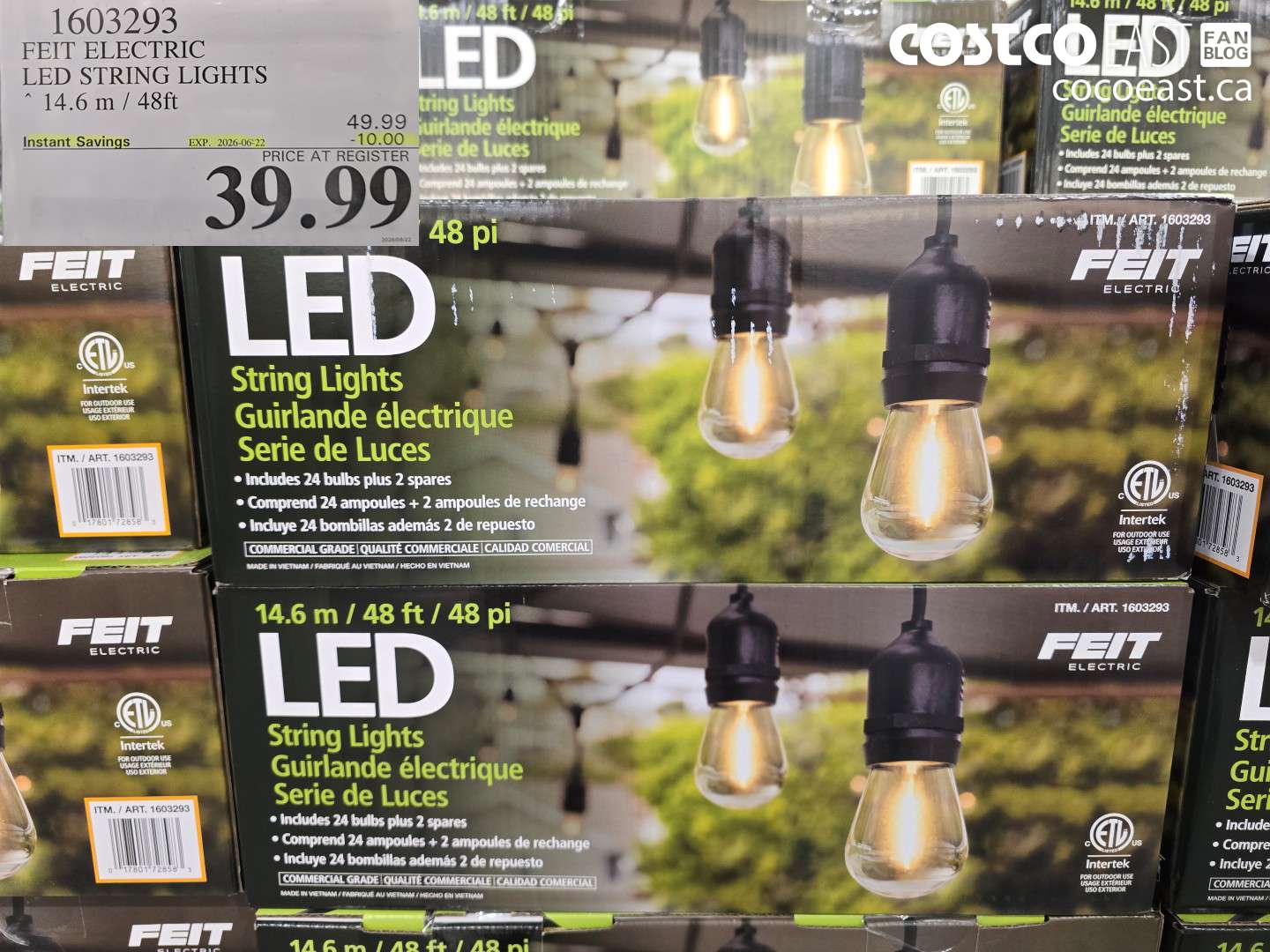 1603293 FEIT ELECTRIC LED STRING LIGHTS 14.6 M / 48FT ($10.00 INSTANT SAVINGS EXPIRES ON 2026-06-22) $39.99